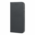 Smart Magnetic Wallet Case for Xiaomi Redmi 15C, black PU leather, folio flip cover with card slot and soft gray lining