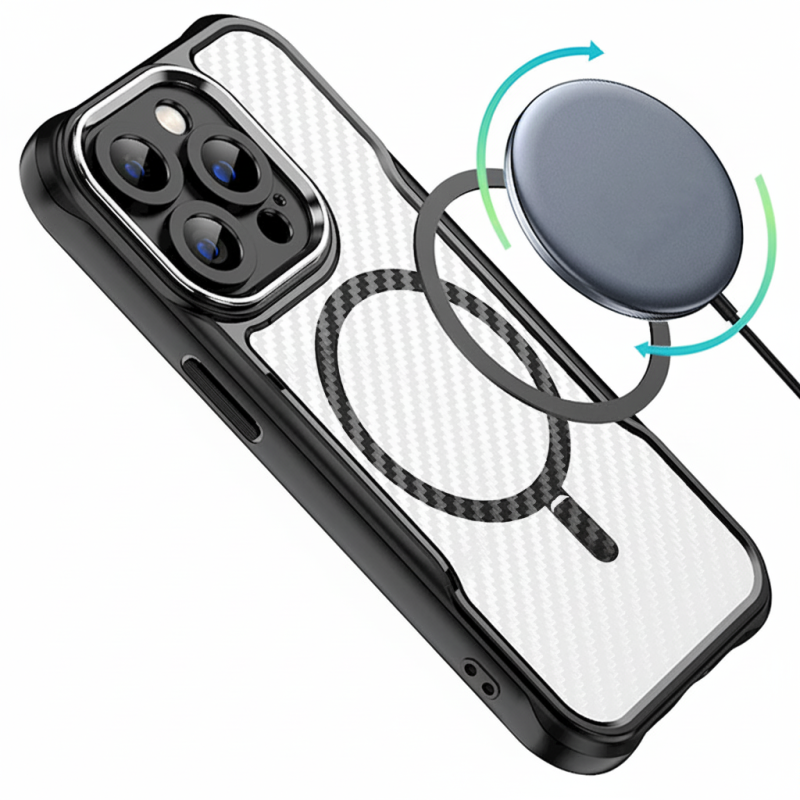 Defender Carbon Mag case for iPhone 16 Pro Max, black carbon fiber hybrid, MagSafe compatible, slim protective design