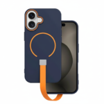 Loop Thin Mag Case for iPhone 16 Pro Max in dark blue with orange strap, MagSafe ring, and raised camera protection