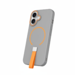 Loop Thin Mag Case for Samsung Galaxy A17 in gray with orange strap, MagSafe ring, and raised orange camera bezel