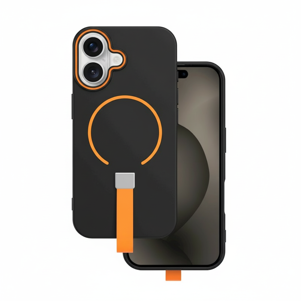 3GM1dp.png Loop Thin Mag Case for iPhone 17 Pro Max in matte black with orange strap and MagSafe ring