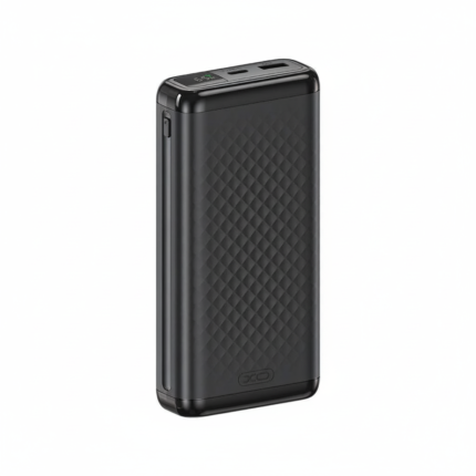 XO PB309 20000mAh black power bank with digital display, triple output ports, premium textured design