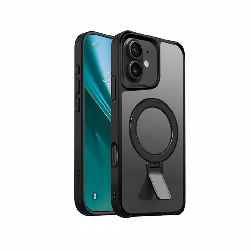 Etteri Matt Mag Ring iPhone 17 Pro Max case in matte black with frosted translucent back, kickstand, and MagSafe ring visible