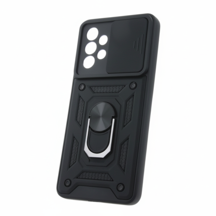 Black heavy-duty silicon case for Samsung Galaxy A33 5G, with sliding camera cover, rugged matte design.