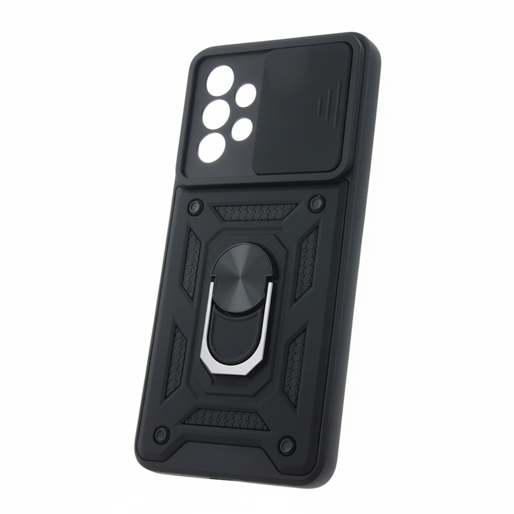 4PFjz0.png Black heavy-duty silicon case for Samsung Galaxy A33 5G, with sliding camera cover, rugged matte design.