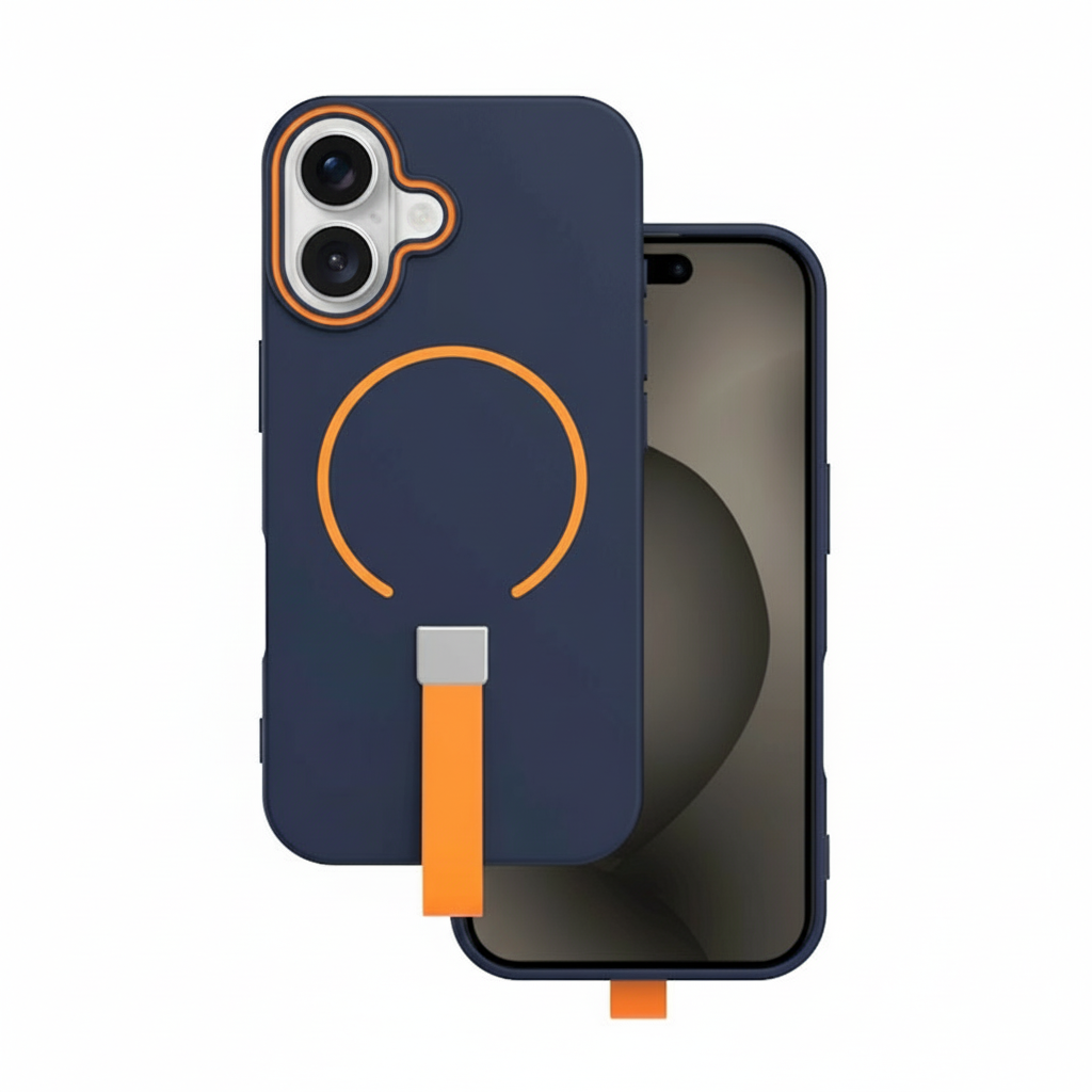 72ckbb.png Loop Thin Mag iPhone 15 6.1-inch dark blue case with orange magnetic ring and finger grip strap