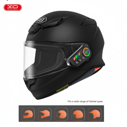 XO BE56 motorcycle helmet headset with RGB LED lighting, black finish, compact helmet-mounted design