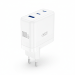 XO 100W GaN 3-port USB-C wall charger in white with two USB-C and one USB-A ports, European plug