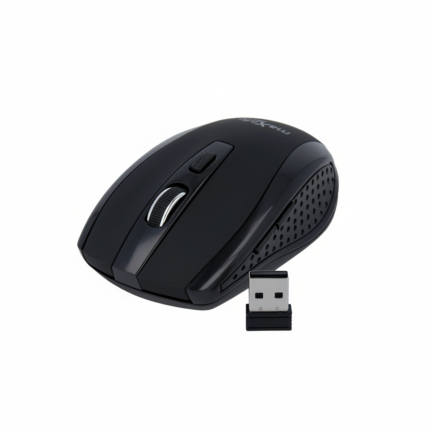 Maxlife Wireless Optical Mouse in ergonomic black design with adjustable DPI, textured grips, and USB Nano Receiver