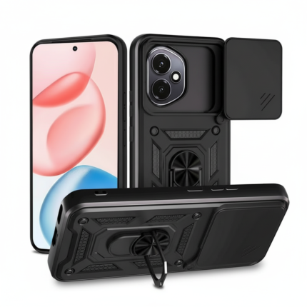 Honor 400 black Defender Slide Case with sliding camera cover, magnetic ring stand, rugged dual-layer protection
