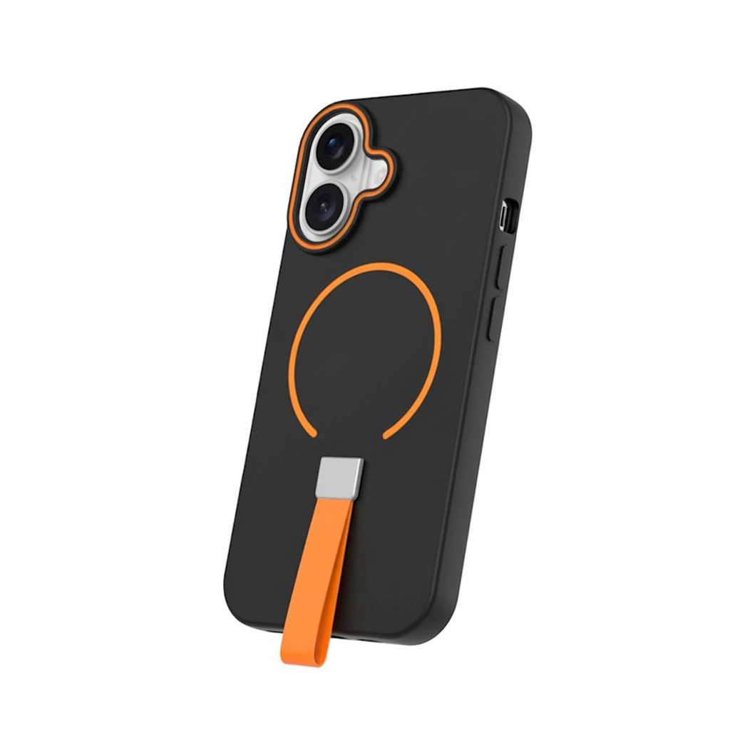 Ib3Gbd.png Loop Thin Mag case for Samsung Galaxy A17 in matte black with orange grip strap and orange wrist lanyard