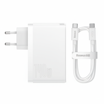 Baseus GaN5 Pro 140W white wall charger with 2 USB-C, 1 USB-A ports, and included USB-C to USB-C 240W cable