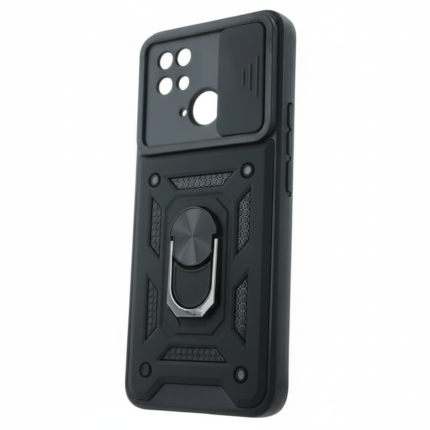 Defender Slide Shockproof Case for Xiaomi Redmi 10C 4G in matte black with sliding camera cover, rotating ring kickstand