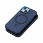 Navy blue frosted MagSafe case for iPhone 17 Pro Max with open ring and electric blue accents, rear view