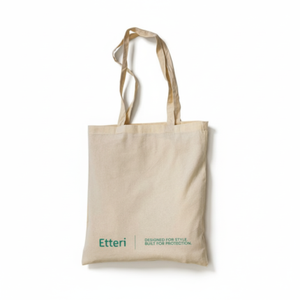 Etteri Natural Canvas Tote Bag, beige cotton with green logo and long shoulder straps, flat rectangular shape