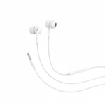 XO Wired 3.5mm Earphones in white with in-line remote, built-in microphone, and ergonomic earbud design, model EP77