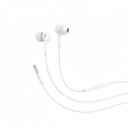 XO Wired 3.5mm Earphones in white with in-line remote, built-in microphone, and ergonomic earbud design, model EP77