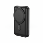 XO-PR209 20000mAh magnetic wireless power bank, black with ribbed back, triple USB ports, and LED indicator