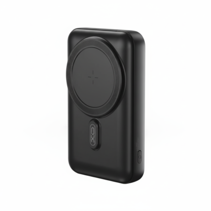 XO-PR209 20000mAh magnetic wireless power bank, black with ribbed back, triple USB ports, and LED indicator