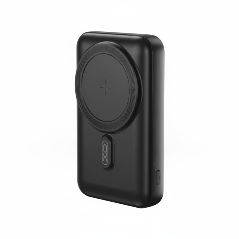 XO-PR209 20000mAh magnetic wireless power bank, black with ribbed back, triple USB ports, and LED indicator