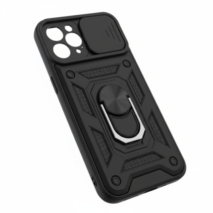 Defender Slide matte black case for Xiaomi Redmi 15C with sliding camera cover, ring holder, rugged textured design