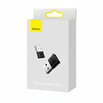 Baseus BA04 Bluetooth USB adapter ultra-compact black wireless dongle with blue LED, plugged into a laptop