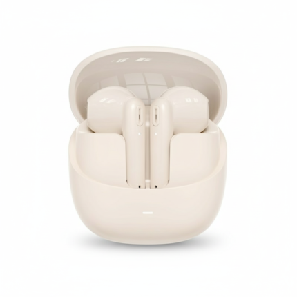 XO X39 TWS Bluetooth 5.3 beige earphones with compact charging case, ergonomic design