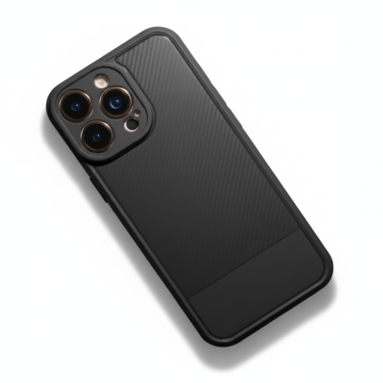 Carbon Fiber Texture Protective Case for iPhone 17 Pro Max, black, dual-tone design with metallic button accents