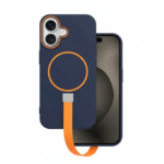 Loop Thin Mag case for iPhone 17 in dark blue with orange strap and MagSafe ring, textured matte finish