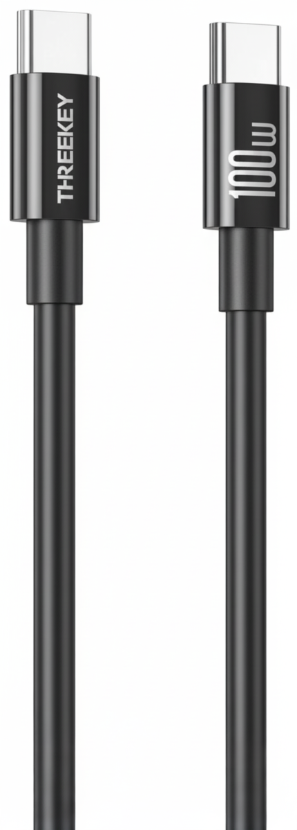 XO THREEKEY 100W USB-C to USB-C fast charging data cable, black, showing sturdy connectors and cable details