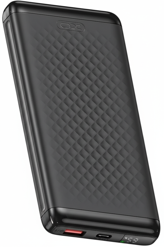 XO PB308 10000mAh 22.5W black power bank with LED display, dual ports, and diamond-textured grip