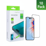 Rixus 10-pack clear HD full curved edge tempered glass screen protectors for Apple iPhone 17 Pro Max, shown with applicator frame.