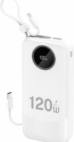Dudao K13Pro 20000mAh power bank in white with built-in USB-C and Lightning cables, LED display, portable design