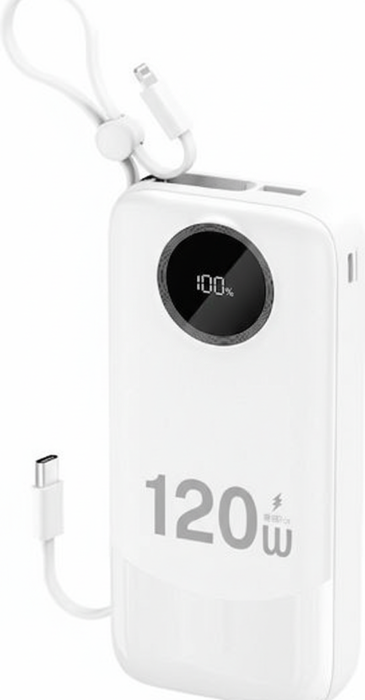 A2kcv2.png Dudao K13Pro 20000mAh power bank in white with built-in USB-C and Lightning cables, LED display, portable design