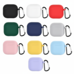 Multi-color silicone case cover for Apple AirPods 4 with metal carabiner clip, scratch-resistant protective design