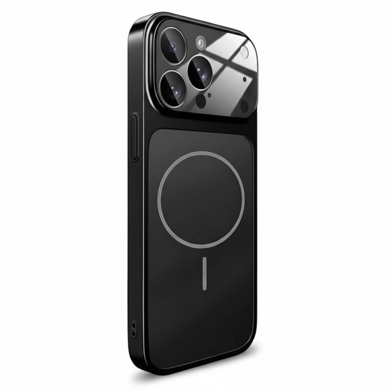 iPhone 17 Pro Max luxury glass MagSafe case in glossy black with full camera lens protection