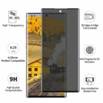 Samsung Galaxy S22 privacy screen protector, full coverage PMMA 9H glass, anti-fingerprint, easy install, fits curved screen
