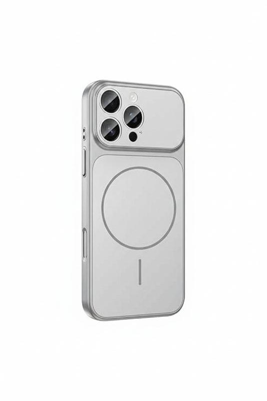 iPhone 17 Pro Max silver glass matte MagSafe case with raised camera lens protection and slim edge-to-edge design