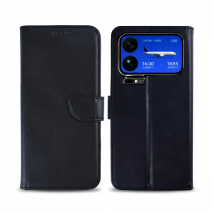 Rixus black leather bookcase for Xiaomi 17 Pro Max, flip wallet cover with external display window and camera cutout