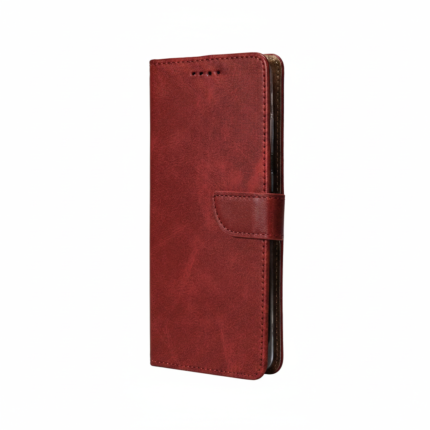 Rixus vintage red folio wallet case for Samsung Galaxy A14 5G with card slots and magnetic closure