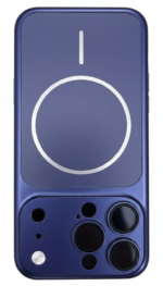 Blue iPhone 14 Pro MagSafe case with iPhone 17 Pro design, full body coverage and Apple logo visible throughout