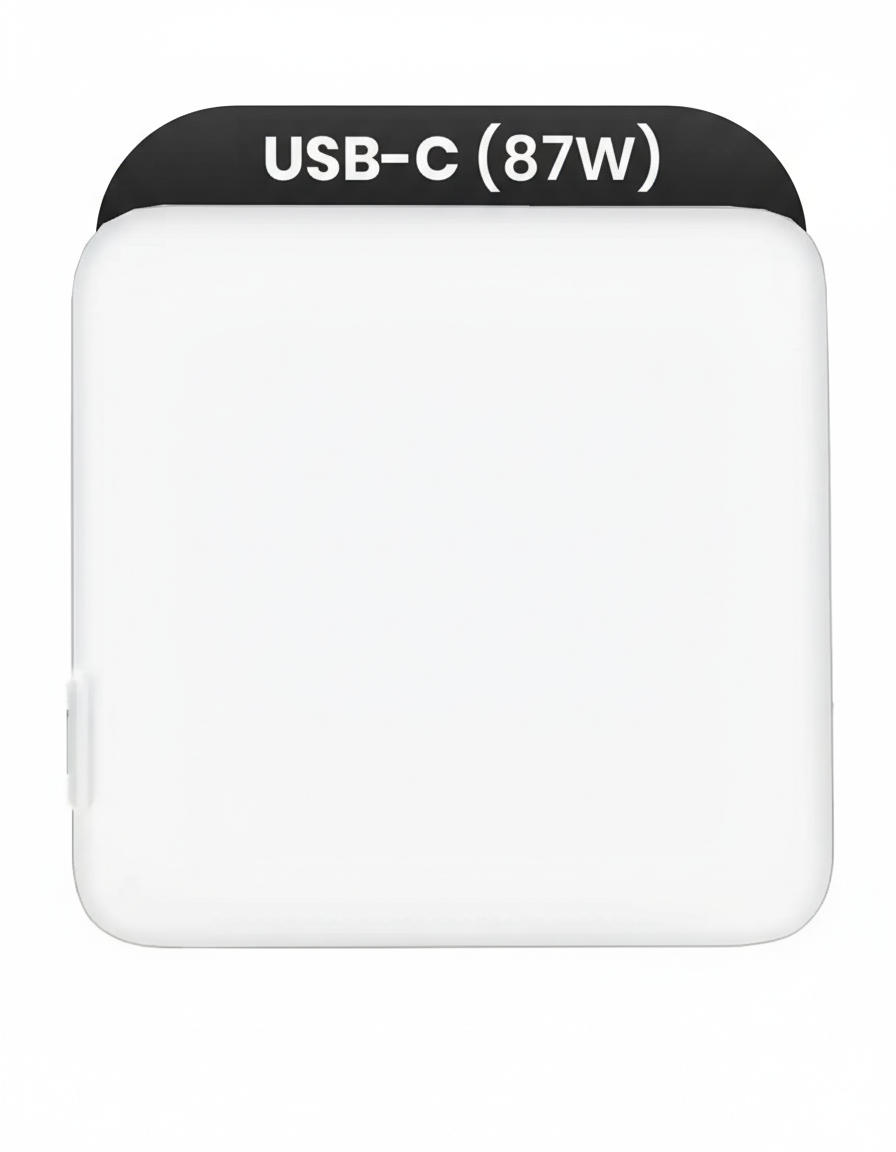 SY8WnF.png 87W USB-C Power Adapter OEM Grade A for MacBook, iMac, Mac; compact white charger with foldable prongs