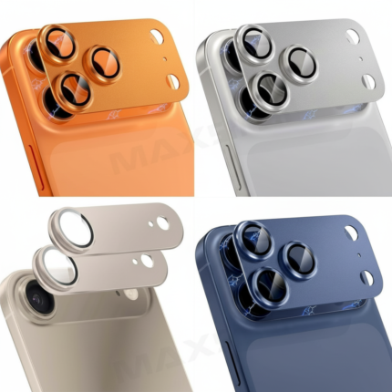 iPhone Pro triple lens camera protector in metal glass, shown in black, blue, silver, and orange finishes