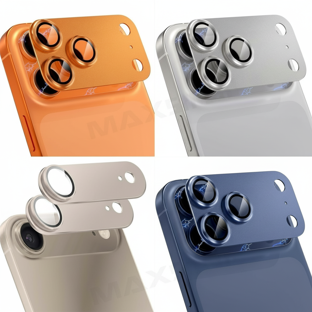 VcHxKT.png iPhone Pro triple lens camera protector in metal glass, shown in black, blue, silver, and orange finishes