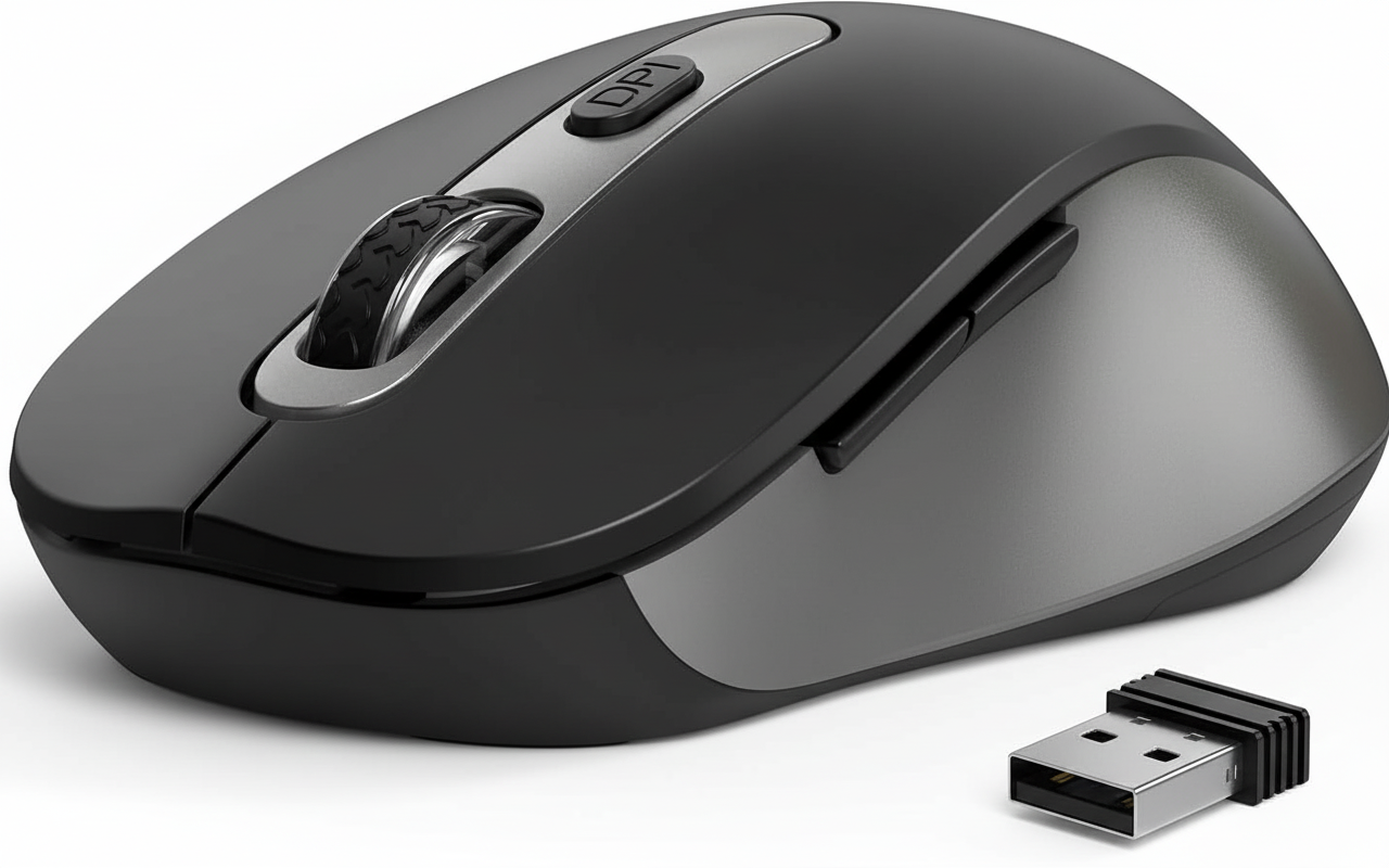 Enmebuy Wireless Mouse with ergonomic two-tone design, 6 buttons, adjustable DPI, and USB receiver included