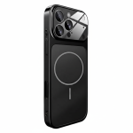 Matte black iPhone 15 Pro Max MagSafe battery case with glass lens protection and chrome edges
