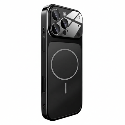 Matte black iPhone 15 Pro Max MagSafe battery case with glass lens protection and chrome edges