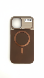Brown leather-style MagSafe phone case for iPhone 17 Pro Max with raised camera lens protector shown on device