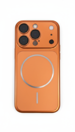 Luxury MagSafe metallic conversion case in copper orange, mimicking iPhone 17 Pro camera design on iPhone Pro models