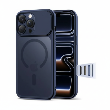 Deep blue MagSafe case fits iPhone Pro models, features Apple logo, covers back, sides, and camera for full protection